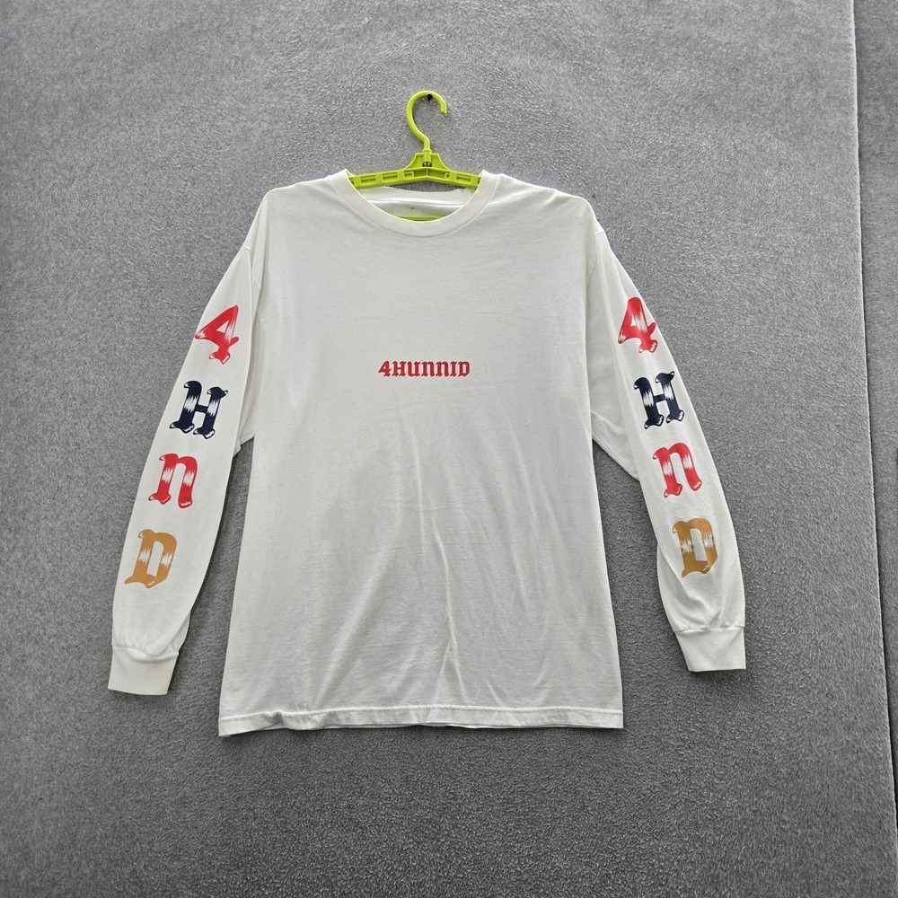 4hunnid Men Shirt LARGE White Graphic Logo Text Streetwear Print Long‎ Sleeve